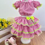 Conjunto Junino Infantil Cropped e Saia Xadrez Rosa Luxo