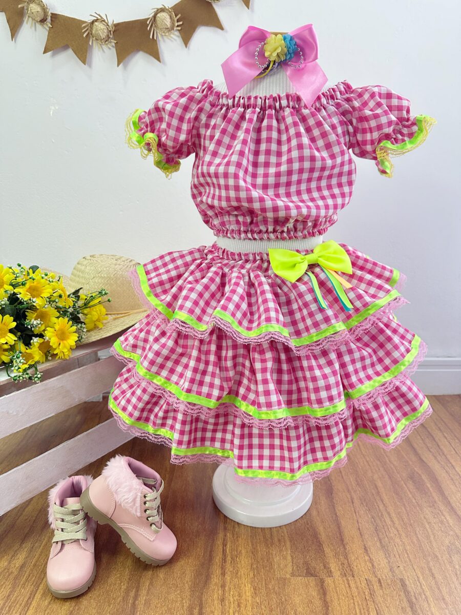 Conjunto Junino Infantil Cropped e Saia Xadrez Rosa Luxo
