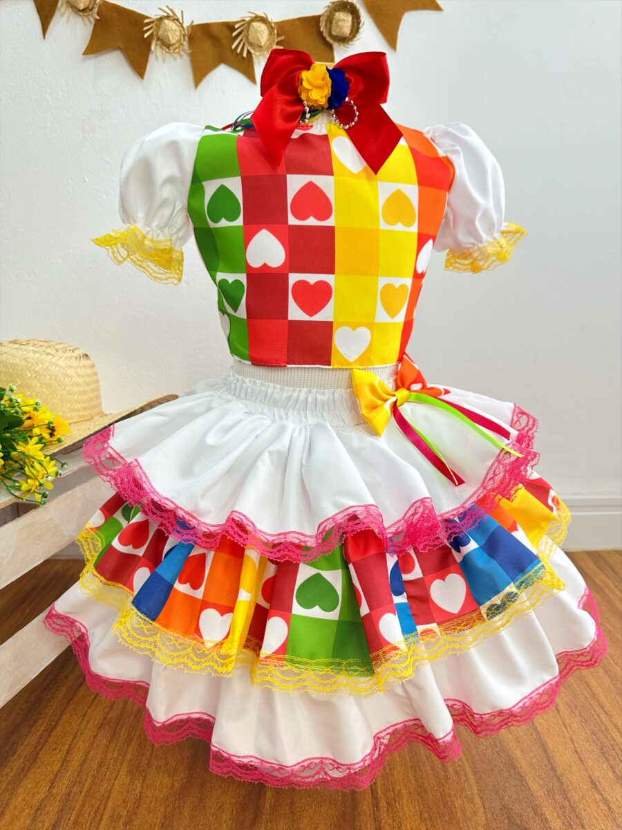 Conjunto Junino Infantil Cropped Branco e Mini Saia Colorida