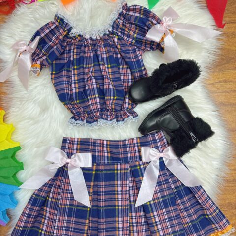 Conjunto Infantil Junino Ciganinha Azul Escuro Xadrez