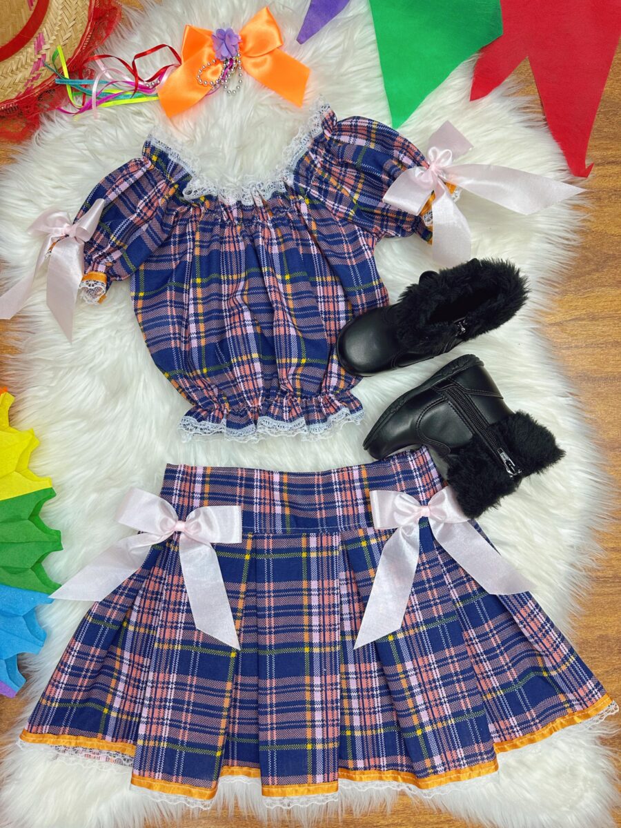 Conjunto Infantil Junino Ciganinha Azul Escuro Xadrez