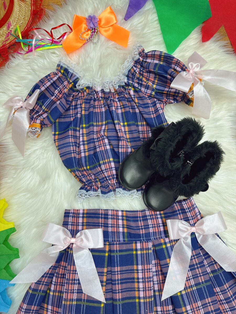 Conjunto Infantil Junino Ciganinha Azul Escuro Xadrez