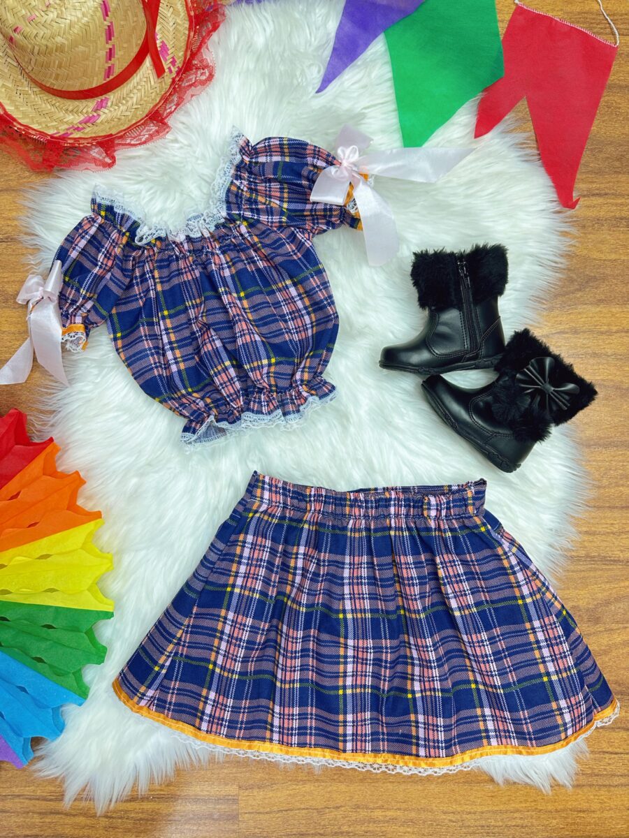 Conjunto Infantil Junino Ciganinha Azul Escuro Xadrez