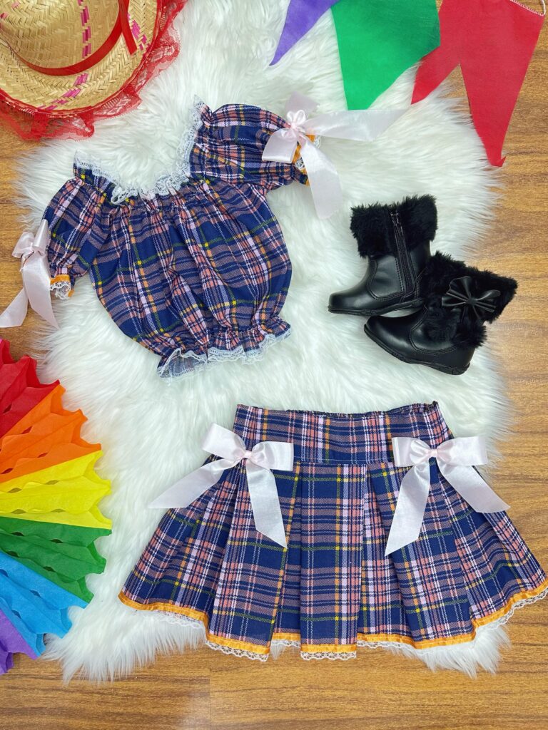 Conjunto Infantil Junino Ciganinha Azul Escuro Xadrez