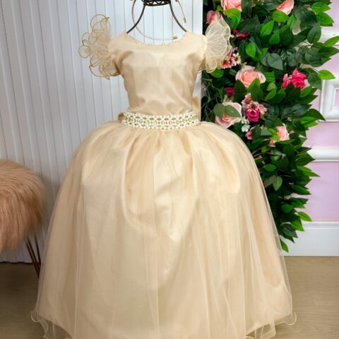 Vestido Longo Amanda Marie Dourado Tule e Cinto de Pérolas