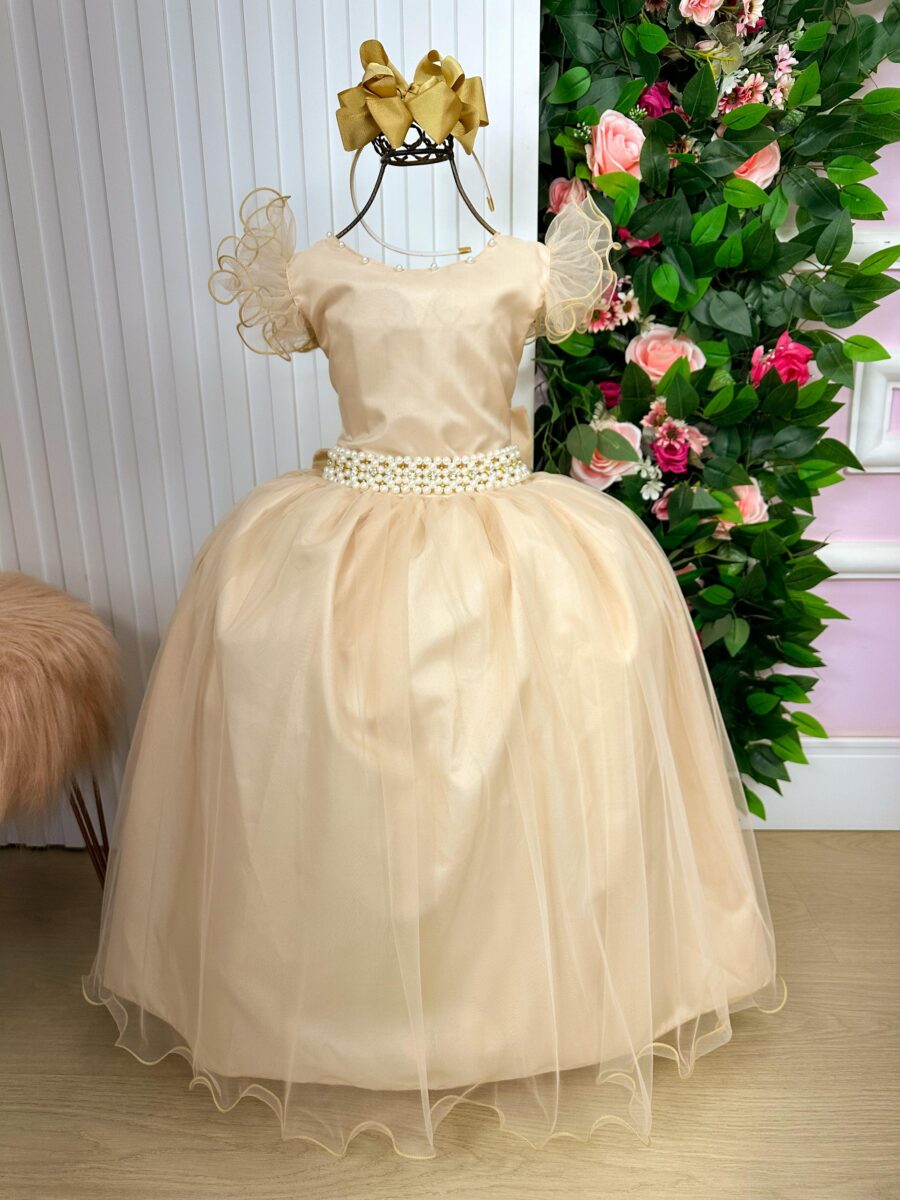 Vestido Longo Amanda Marie Dourado Tule e Cinto de Pérolas