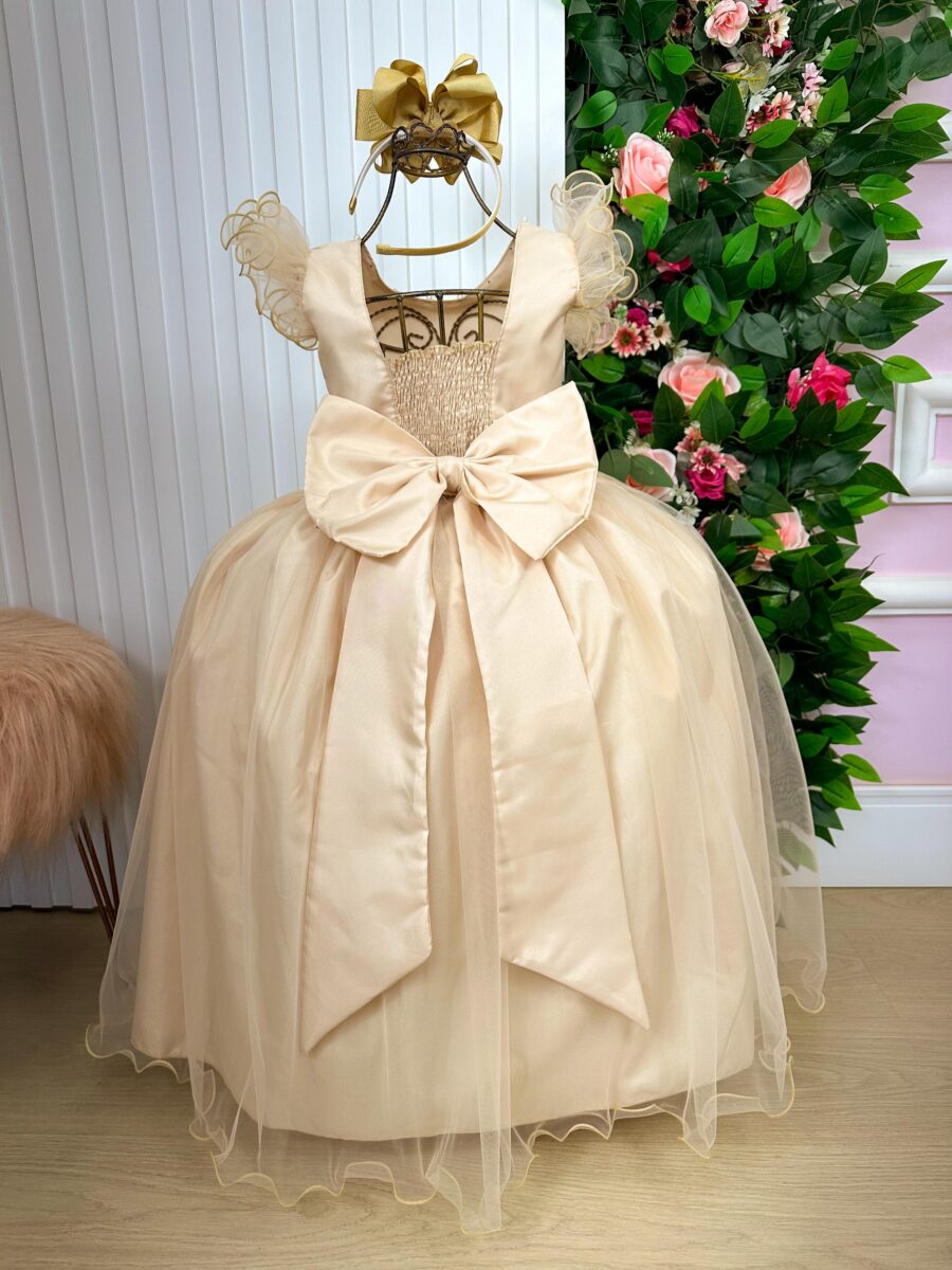 Vestido Longo Amanda Marie Dourado Tule e Cinto de Pérolas