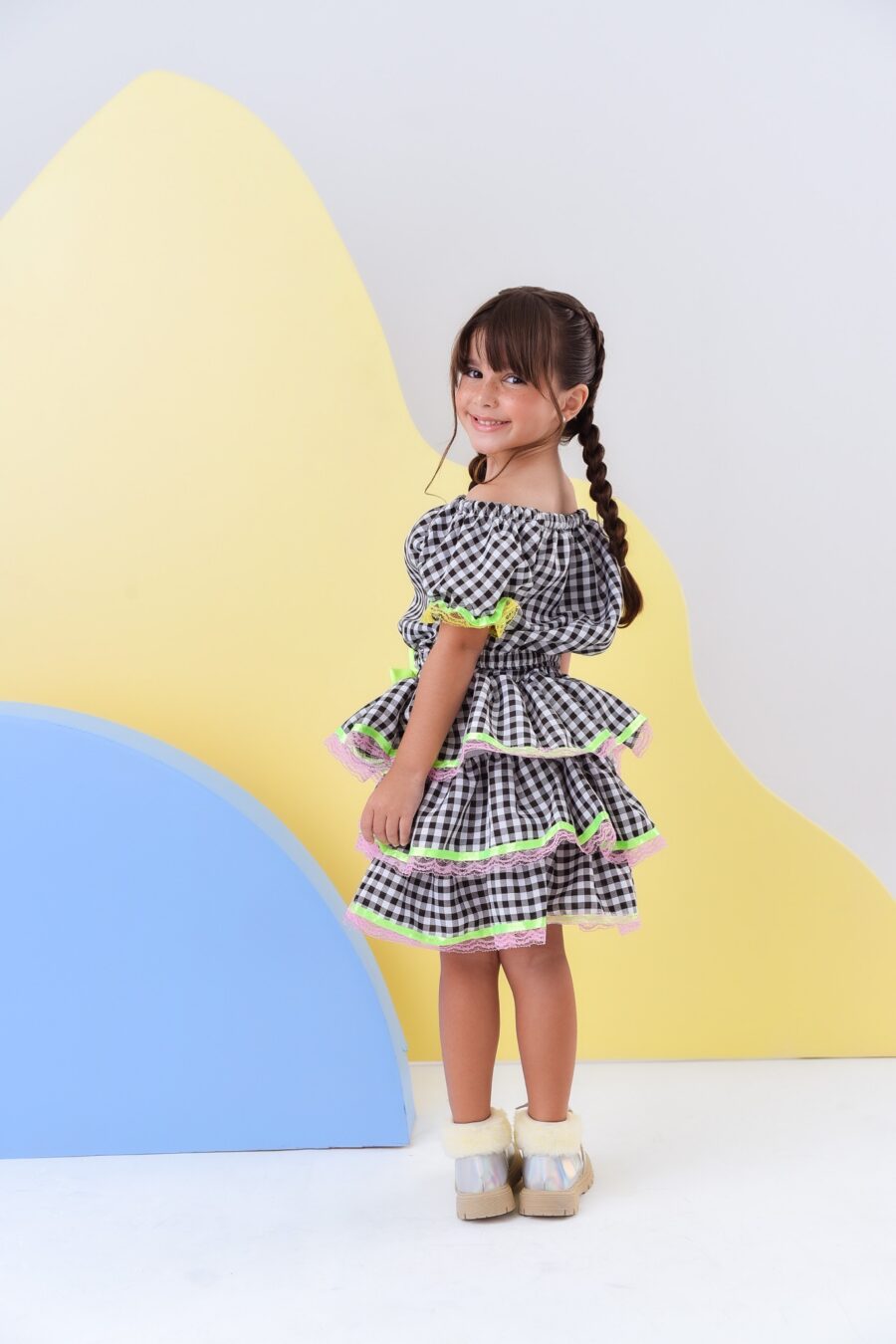 Conjunto Junino Infantil Cropped e Saia Xadrez Preto Luxo