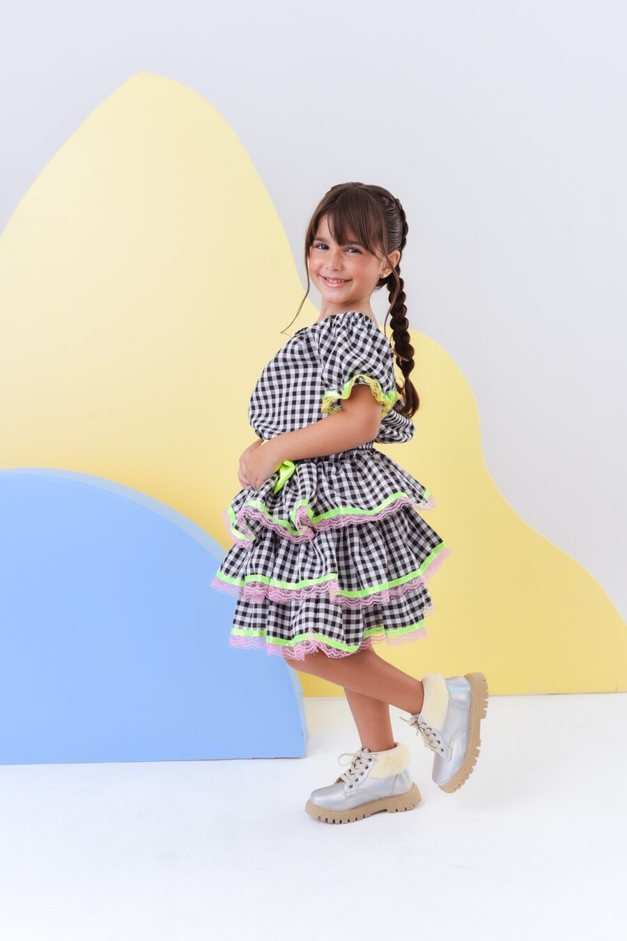 Conjunto Junino Infantil Cropped e Saia Xadrez Preto Luxo