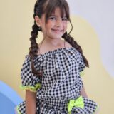 Conjunto Junino Infantil Cropped e Saia Xadrez Preto Luxo