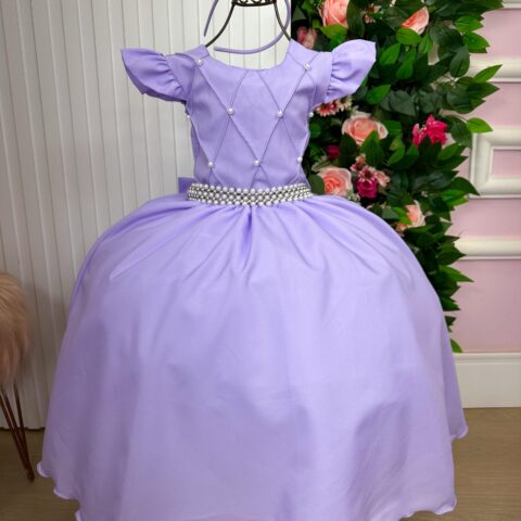 Vestido Longo Infantil Ariane Ysa Kids Lilás Babado de Tule