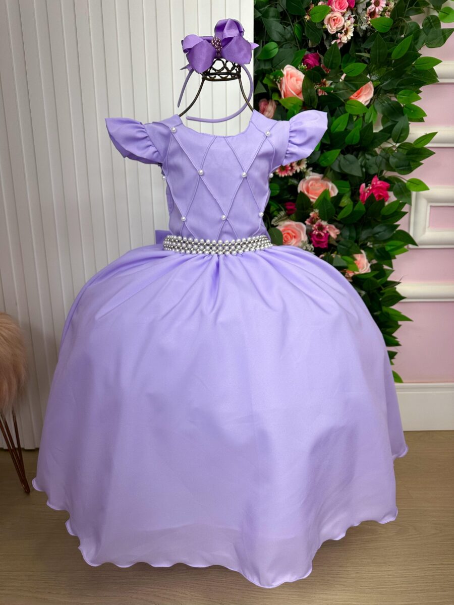 Vestido Longo Infantil Ariane Ysa Kids Lilás Babado de Tule