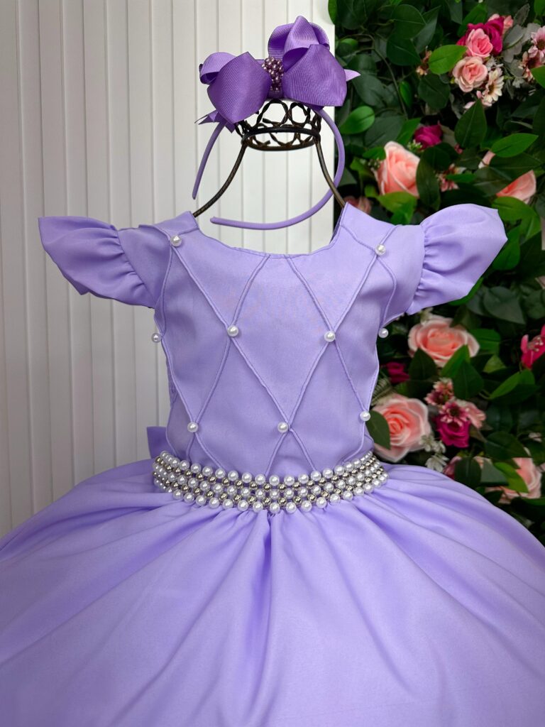 Vestido Longo Infantil Ariane Ysa Kids Lilás Babado de Tule