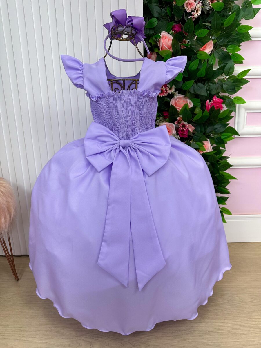 Vestido Longo Infantil Ariane Ysa Kids Lilás Babado de Tule