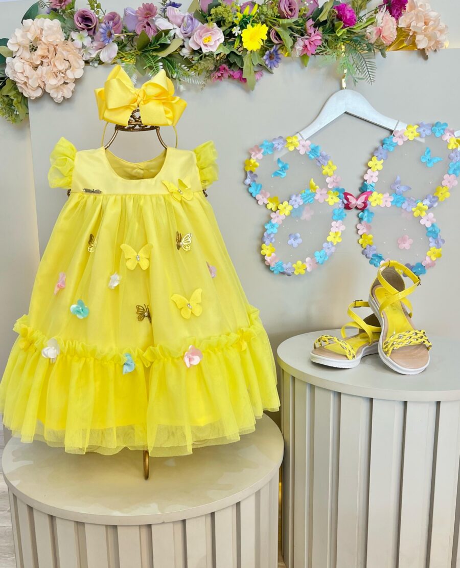 Vestido Bebê Amarelo Jardim Encantado com Renda