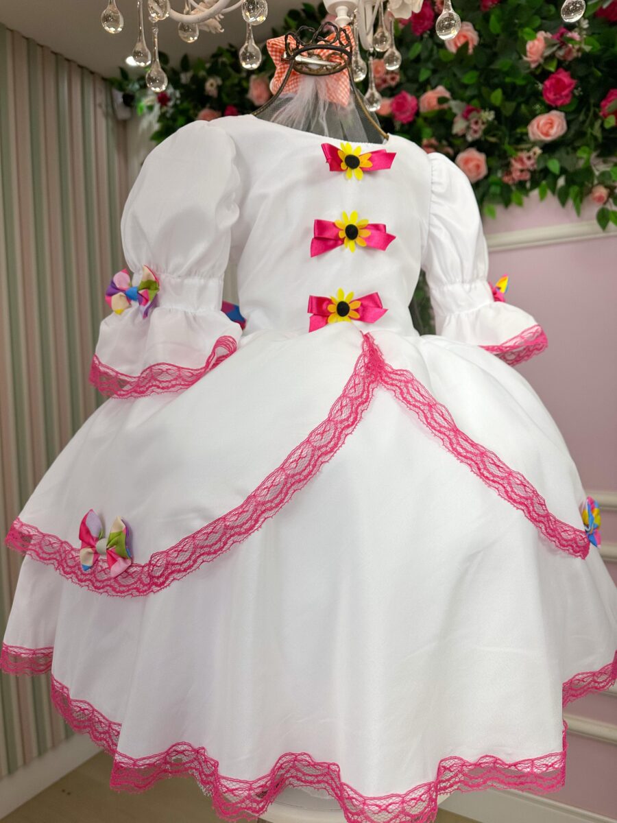 Vestido Junino Infantil Banana Club Noivinha Lacinhos Branco