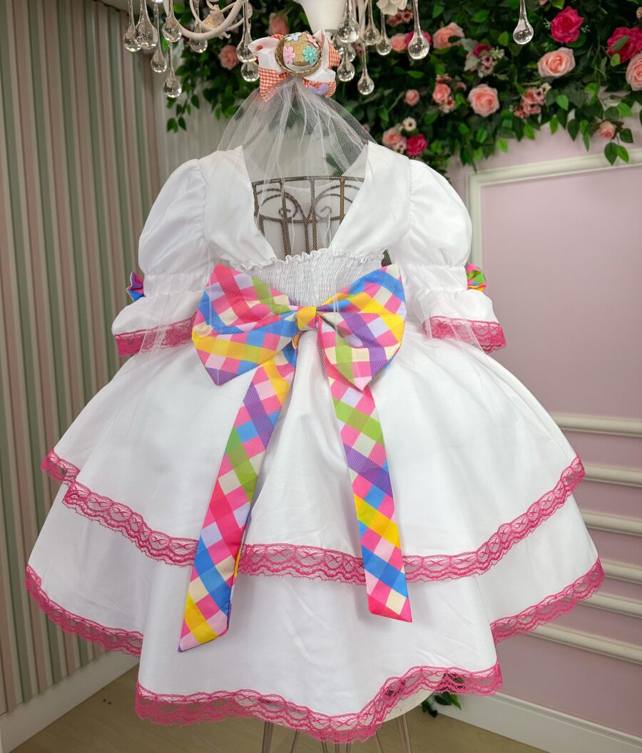 Vestido Junino Infantil Banana Club Noivinha Lacinhos Branco