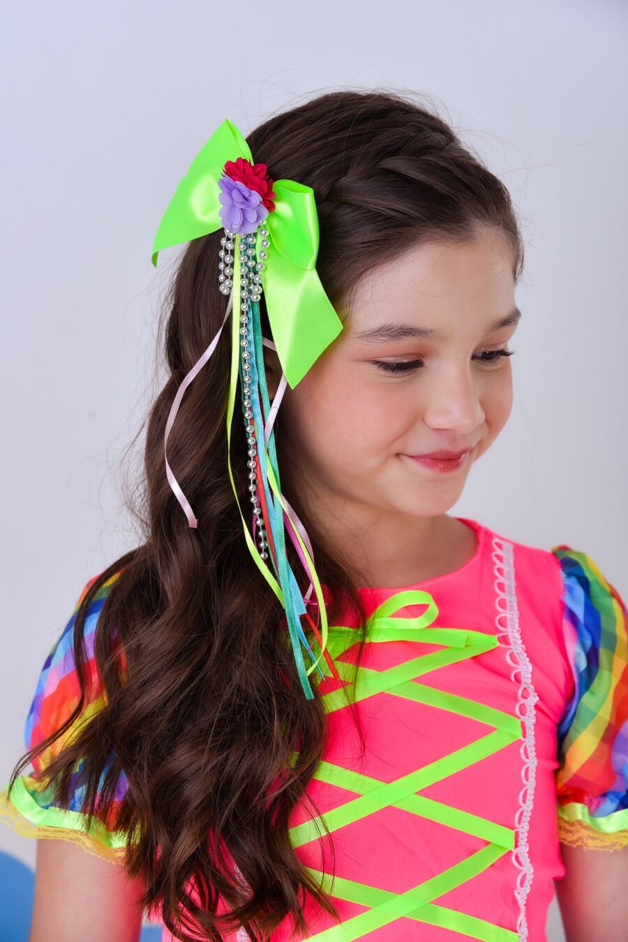 Conjunto Junino Infantil Cropped Rosa e Saia Colorida