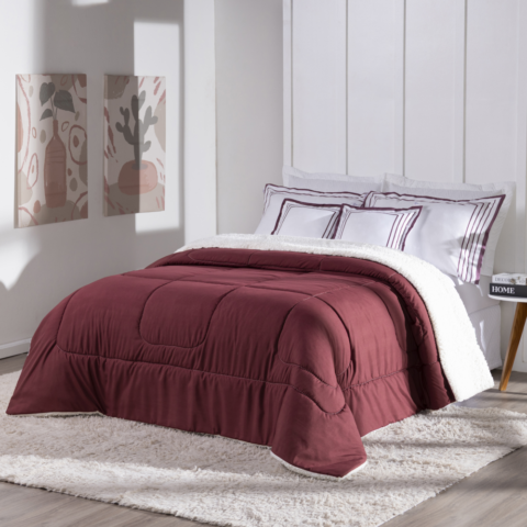 Kit Coberdrom Soft King 5 Peças Sherpa Vermelho Marsala