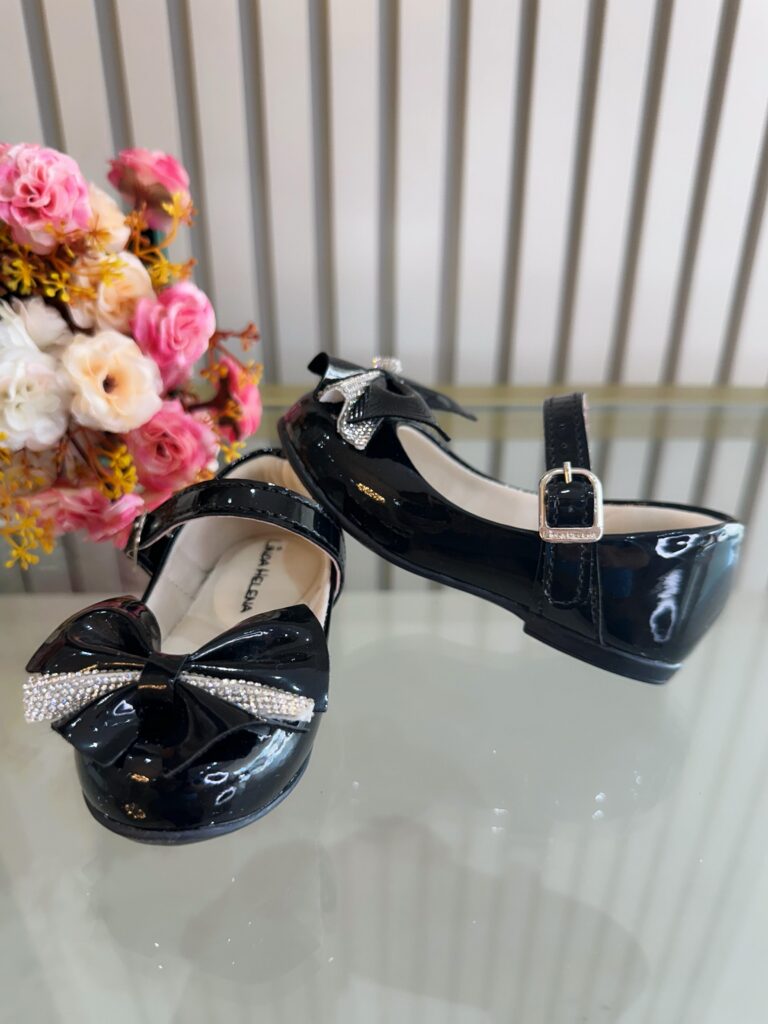 Sapato Infantil Verniz Preto Laço com Strass