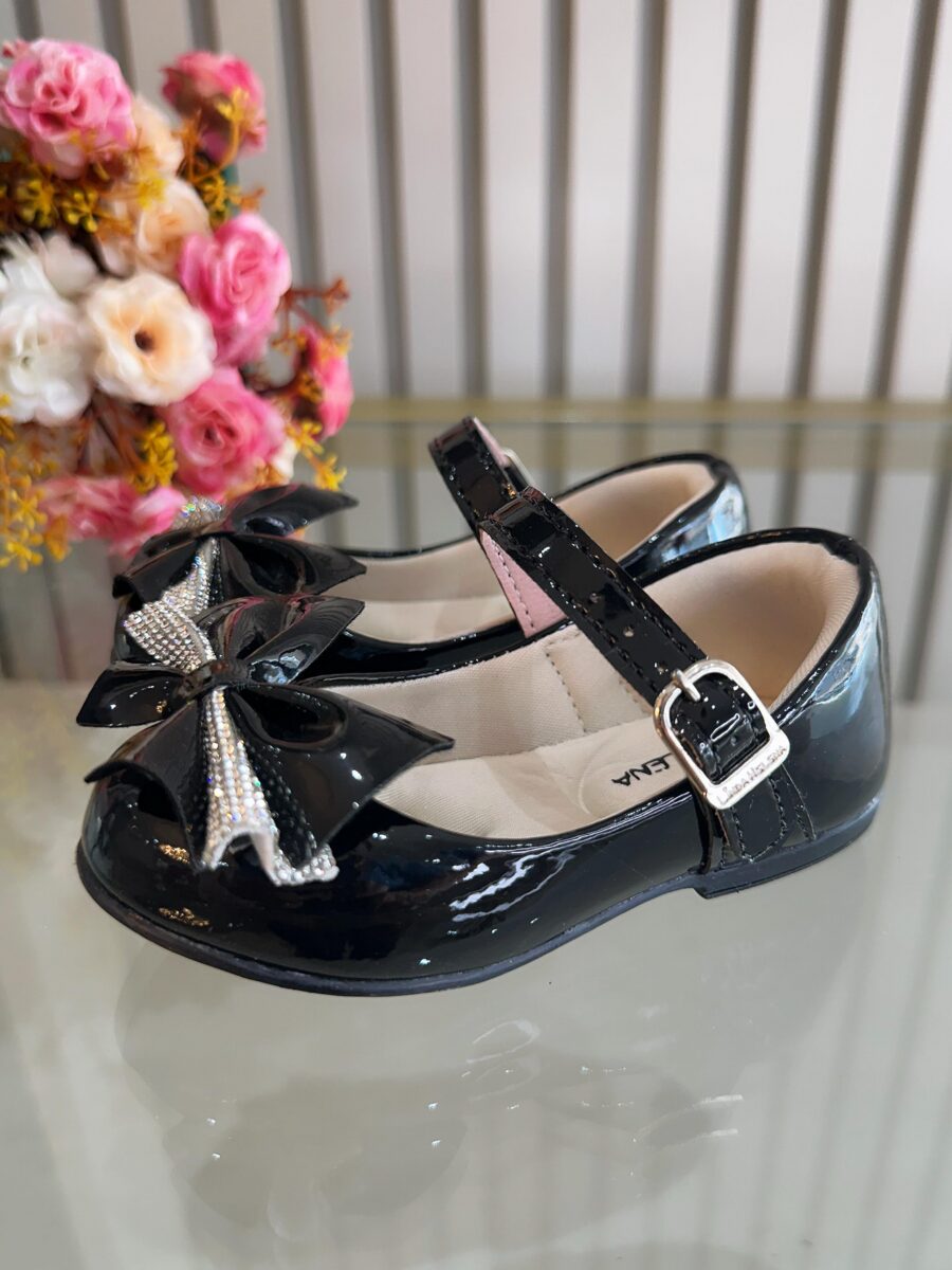 Sapato Infantil Verniz Preto Laço com Strass