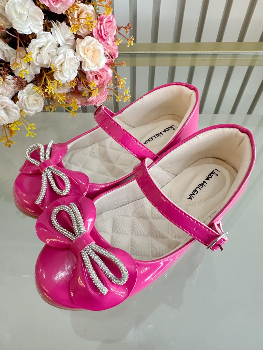 Sapato Infantil Verniz Pink com Laço e Strass