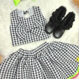Conjunto Junino Infantil Caipira Cropped e Saia Xadrez Preto