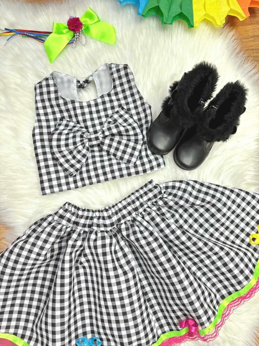 Conjunto Junino Infantil Caipira Cropped e Saia Xadrez Preto