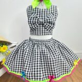 Conjunto Junino Infantil Caipira Cropped e Saia Xadrez Preto