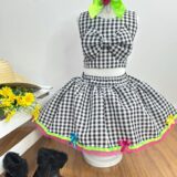 Conjunto Junino Infantil Caipira Cropped e Saia Xadrez Preto