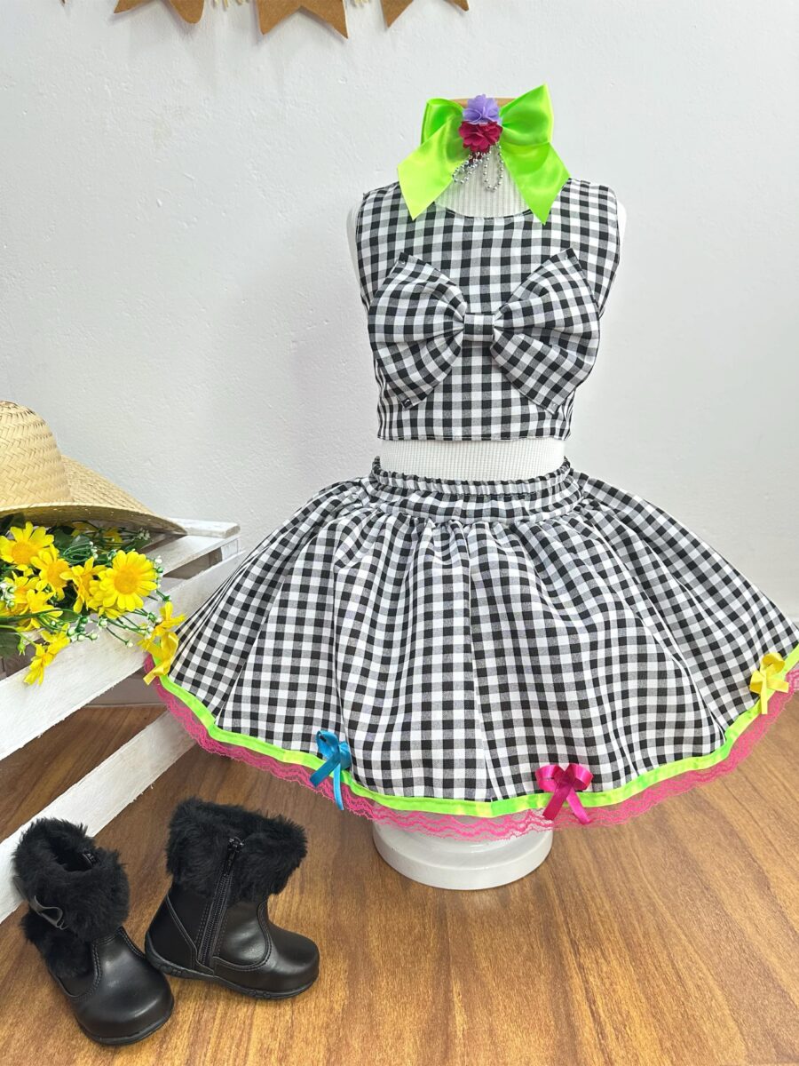 Conjunto Junino Infantil Caipira Cropped e Saia Xadrez Preto