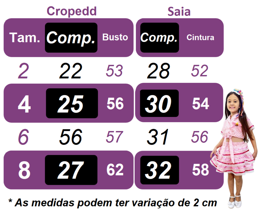 Conjunto Junino Infantil Caipira Cropped e Saia Xadrez Preto