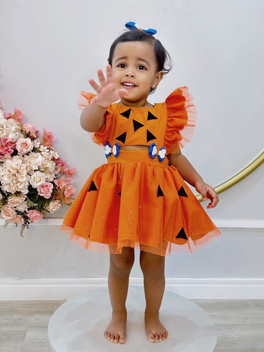 Romper Bebê Pedrita Flintstone Laranja Glitter Luxo
