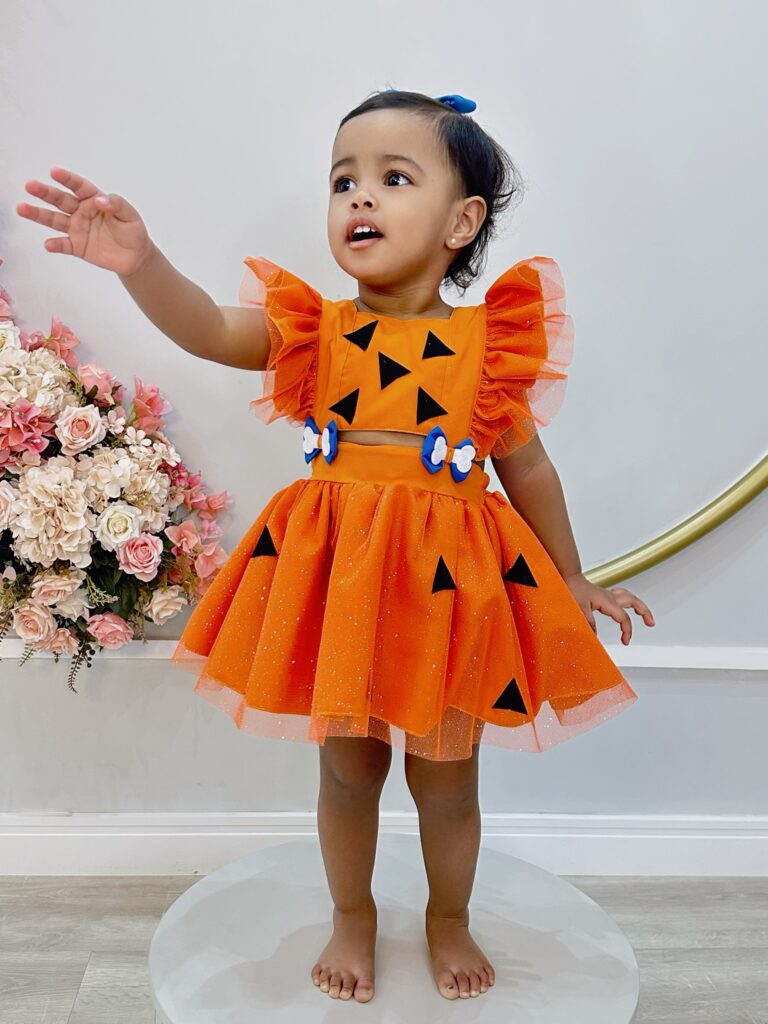 Romper Bebê Pedrita Flintstone Laranja Glitter Luxo