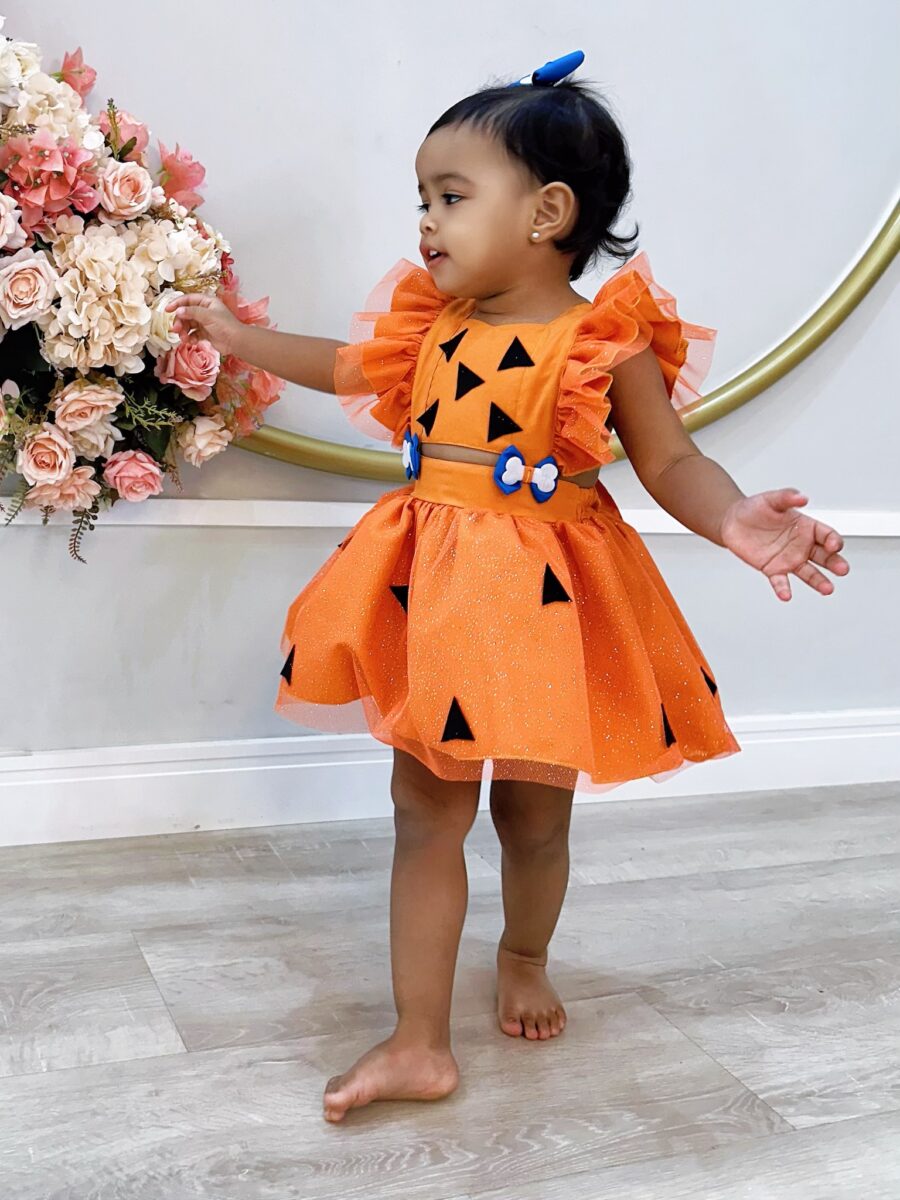 Romper Bebê Pedrita Flintstone Laranja Glitter Luxo