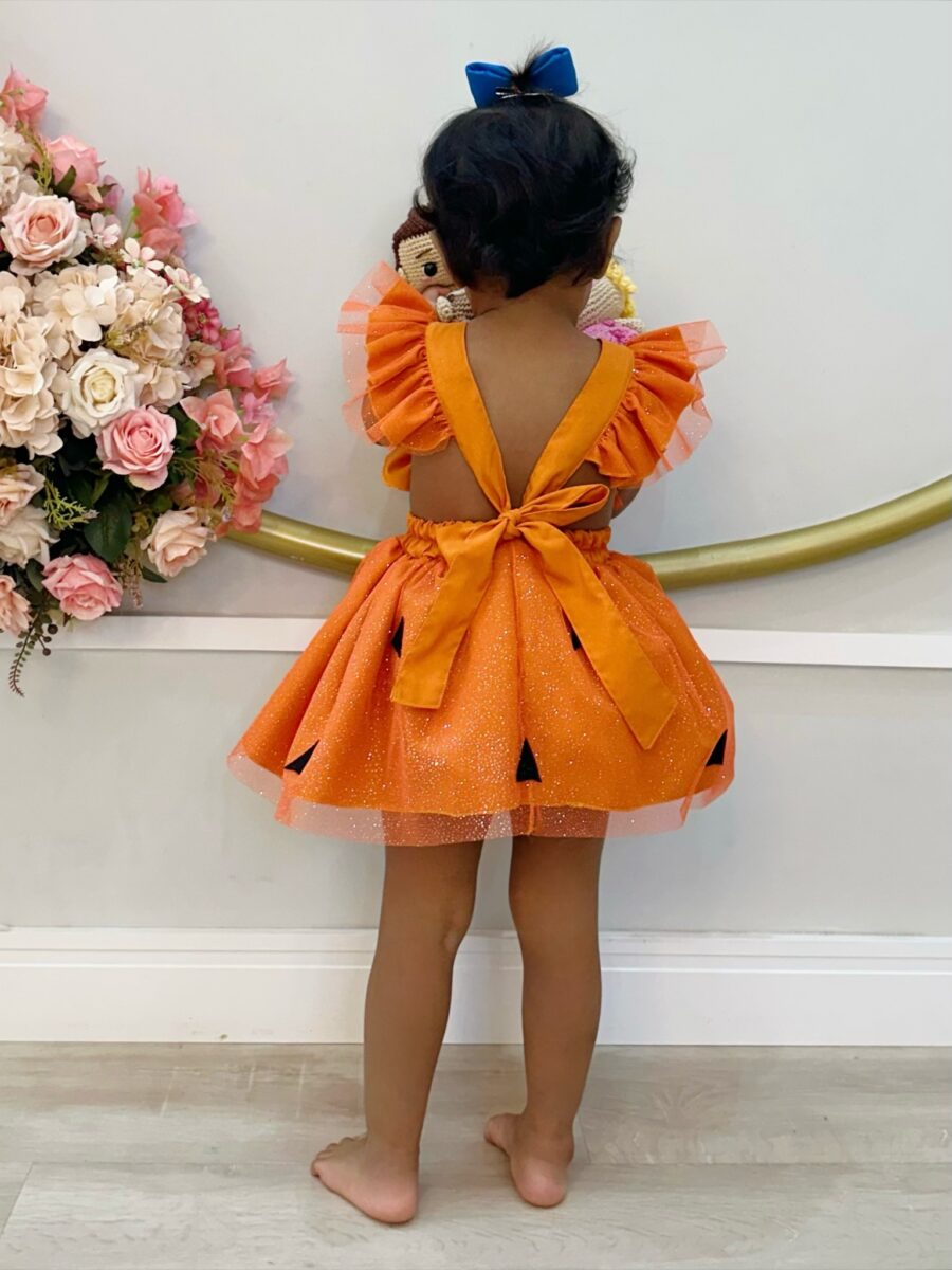 Romper Bebê Pedrita Flintstone Laranja Glitter Luxo