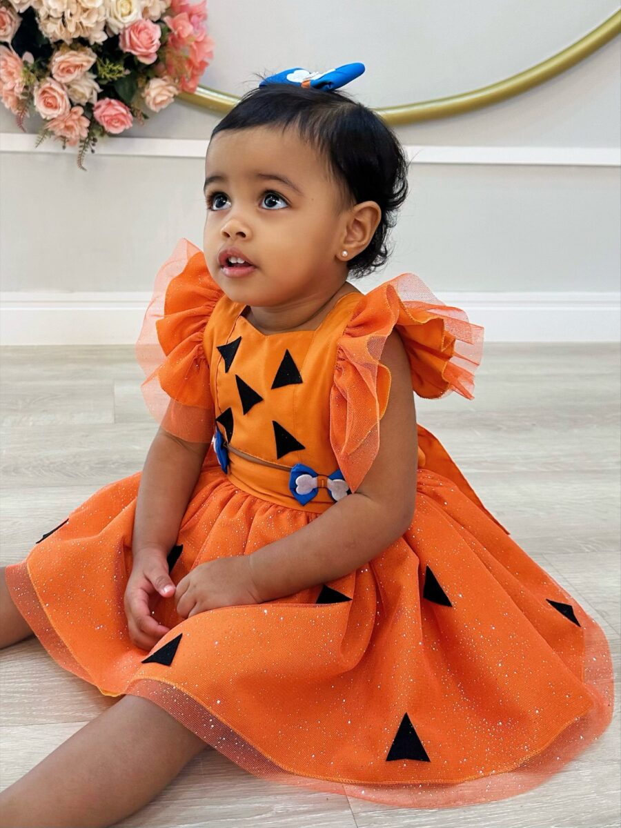 Romper Bebê Pedrita Flintstone Laranja Glitter Luxo
