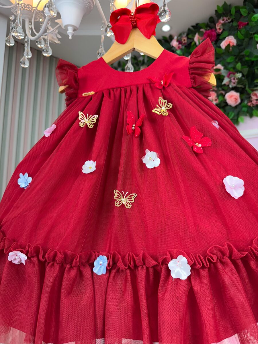 Vestido Bebê Baby Liz Vila Lele Vermelho Borboletas 3D