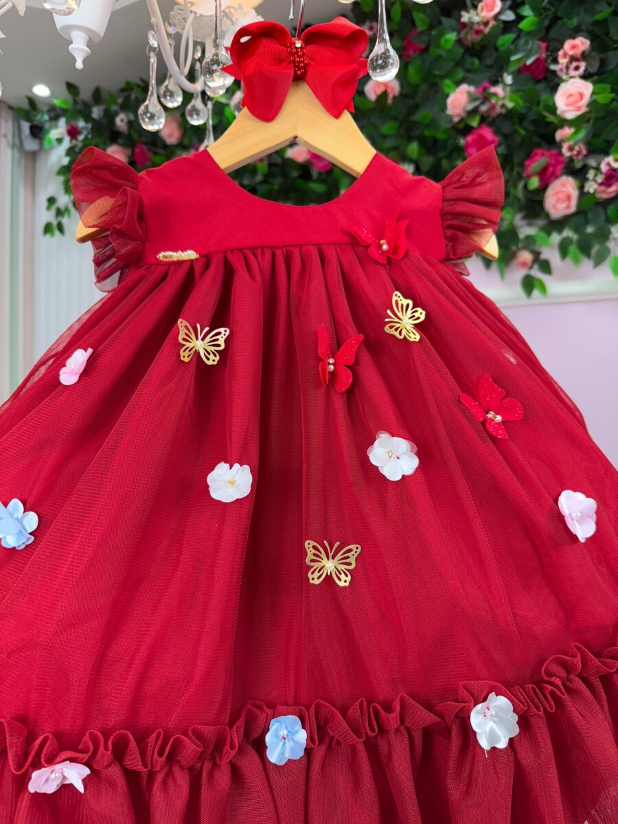 Vestido Bebê Baby Liz Vila Lele Vermelho Borboletas 3D