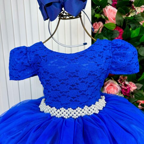 Vestido Infantil Longo Enjoy Laura Busto Rendado Azul Royal