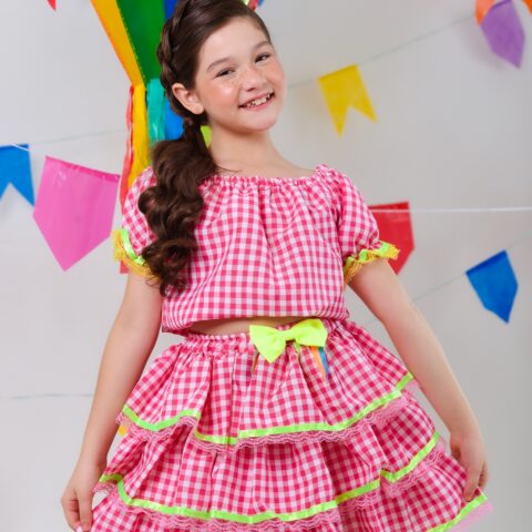 Conjunto Junino Infantil Cropped e Saia Xadrez Rosa Luxo