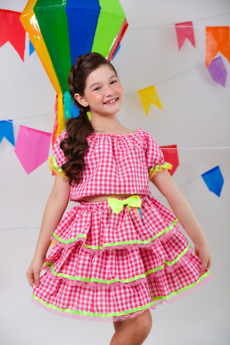 Conjunto Junino Infantil Cropped e Saia Xadrez Rosa Luxo