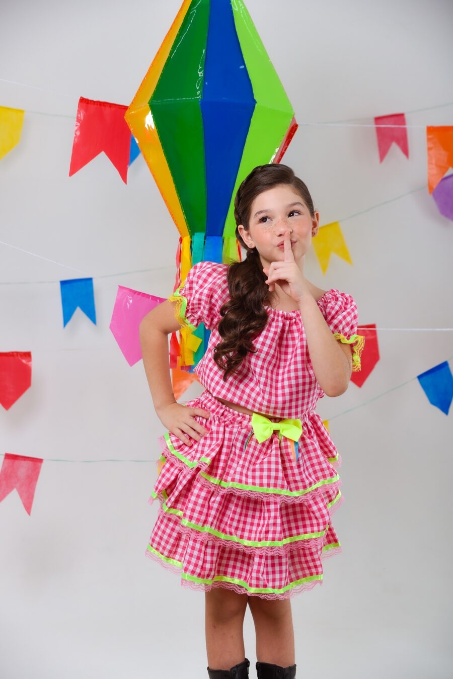 Conjunto Junino Infantil Cropped e Saia Xadrez Rosa Luxo