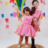Conjunto Junino Infantil Cropped e Saia Xadrez Rosa Luxo