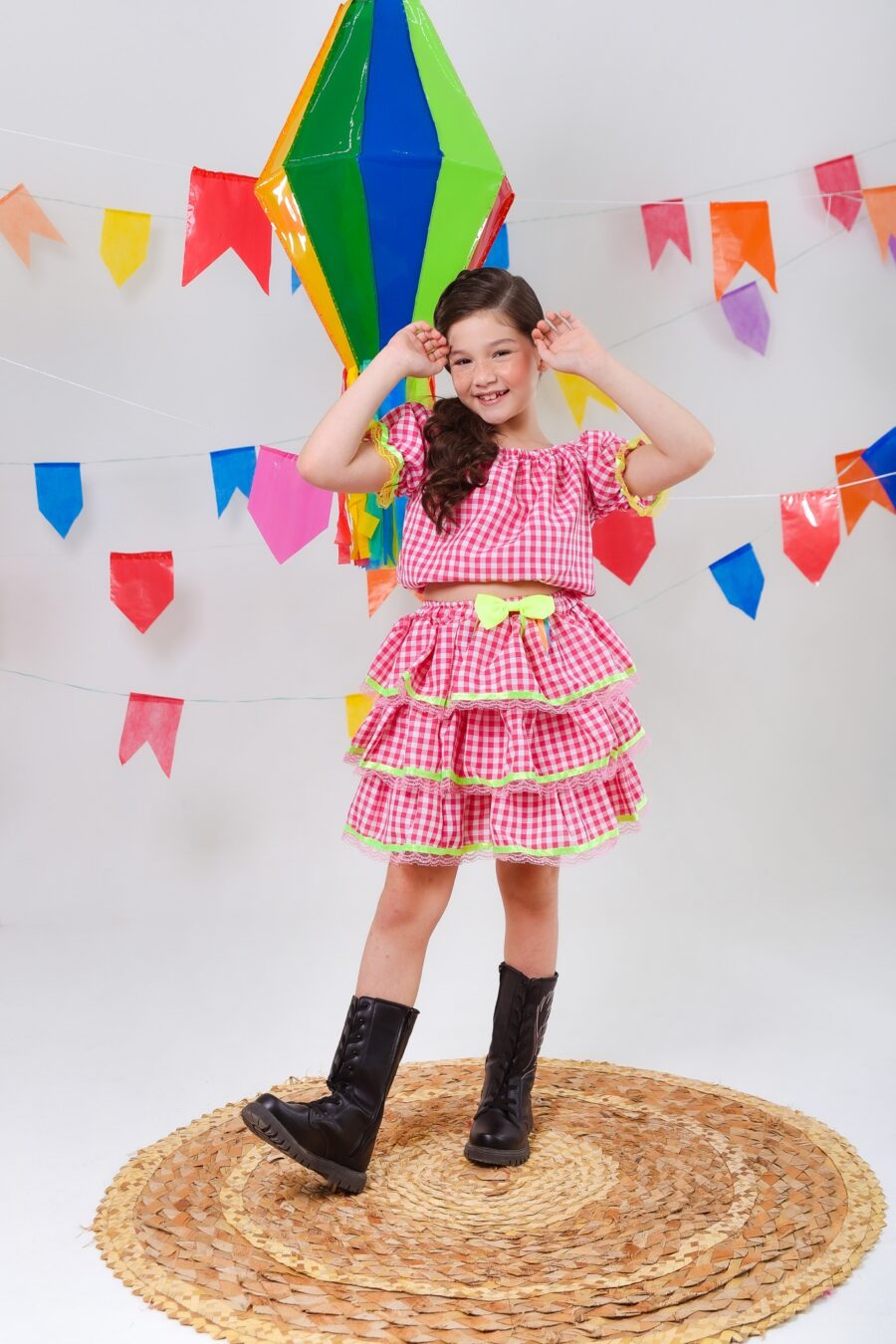 Conjunto Junino Infantil Cropped e Saia Xadrez Rosa Luxo