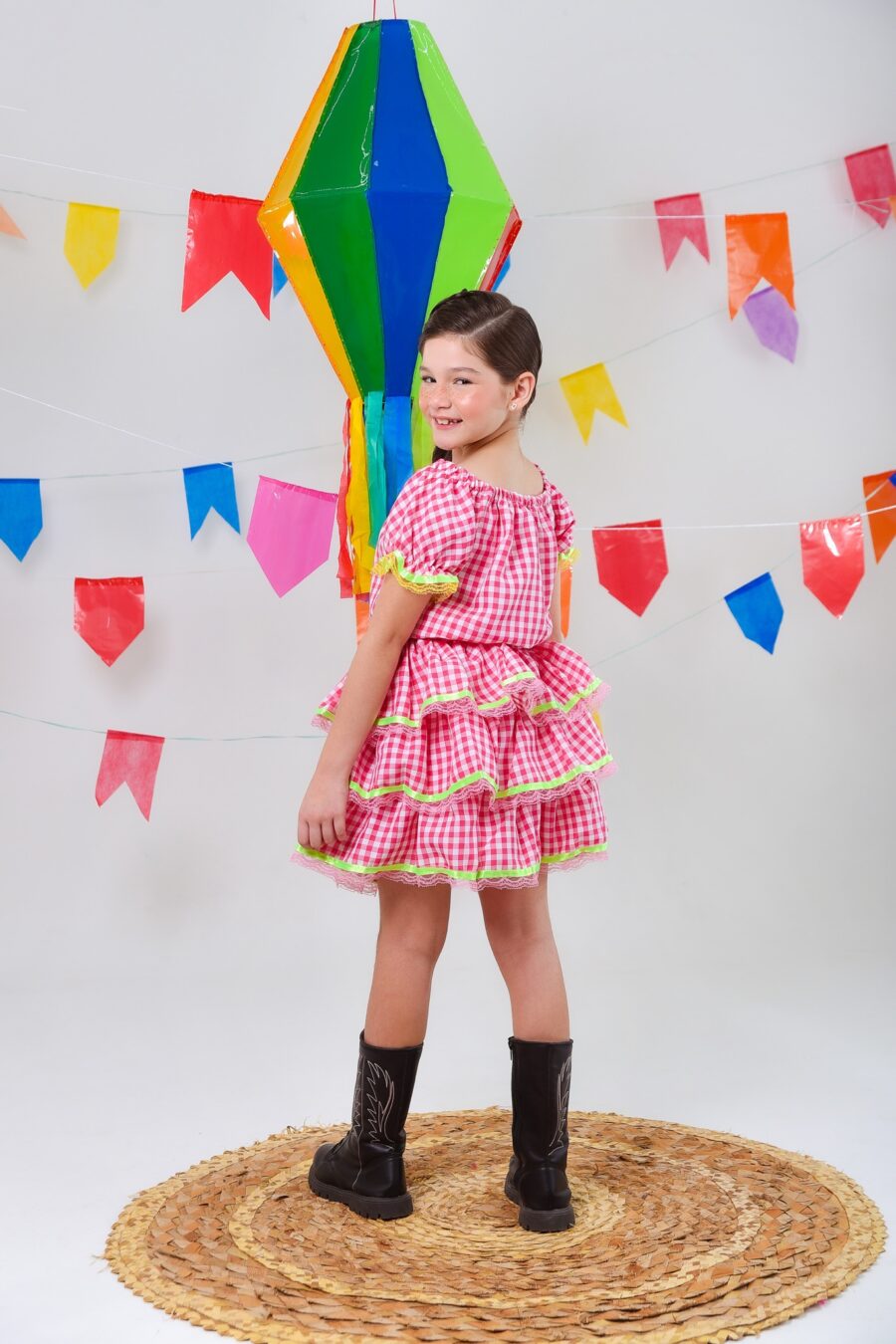 Conjunto Junino Infantil Cropped e Saia Xadrez Rosa Luxo