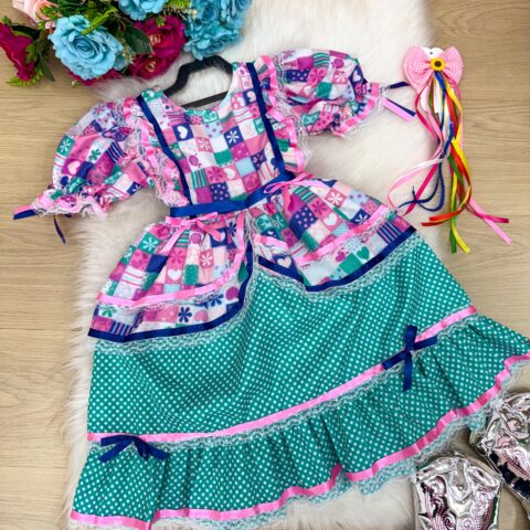 Vestido Infantil Junino Bella Child Caipira Verde Tiffany