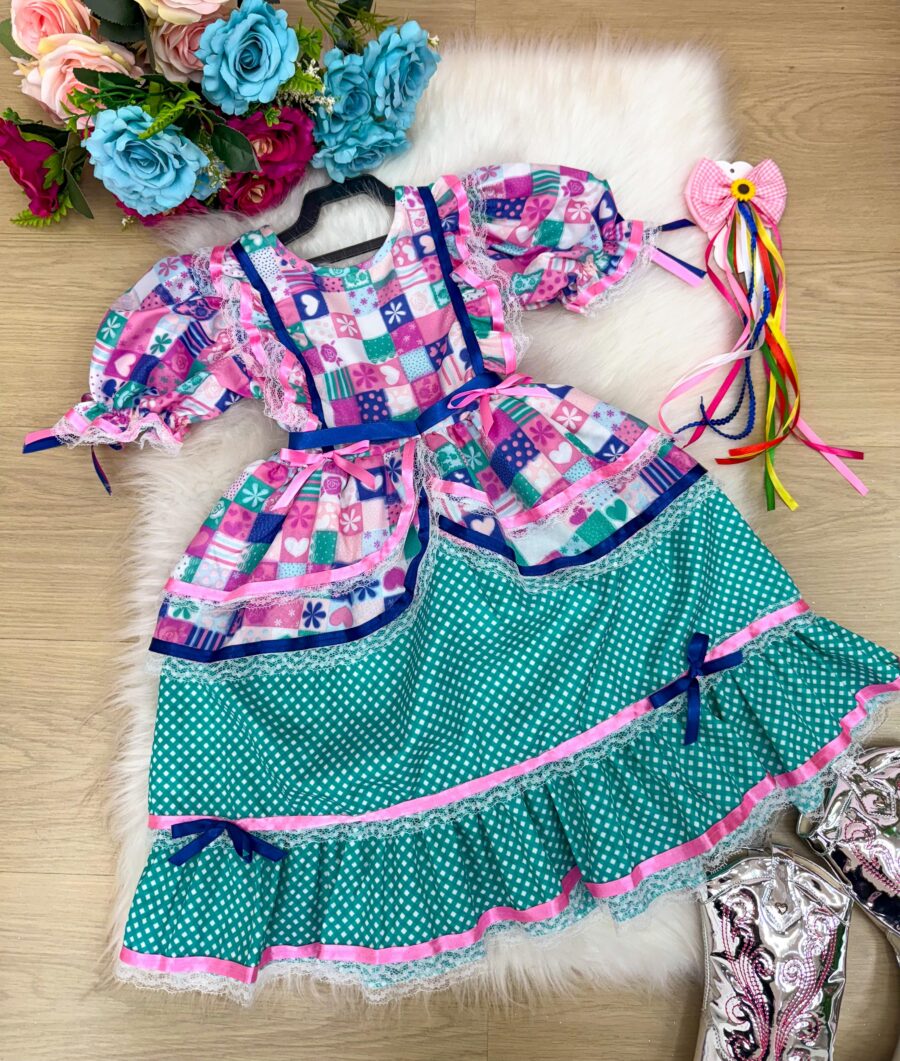 Vestido Infantil Junino Bella Child Caipira Verde Tiffany