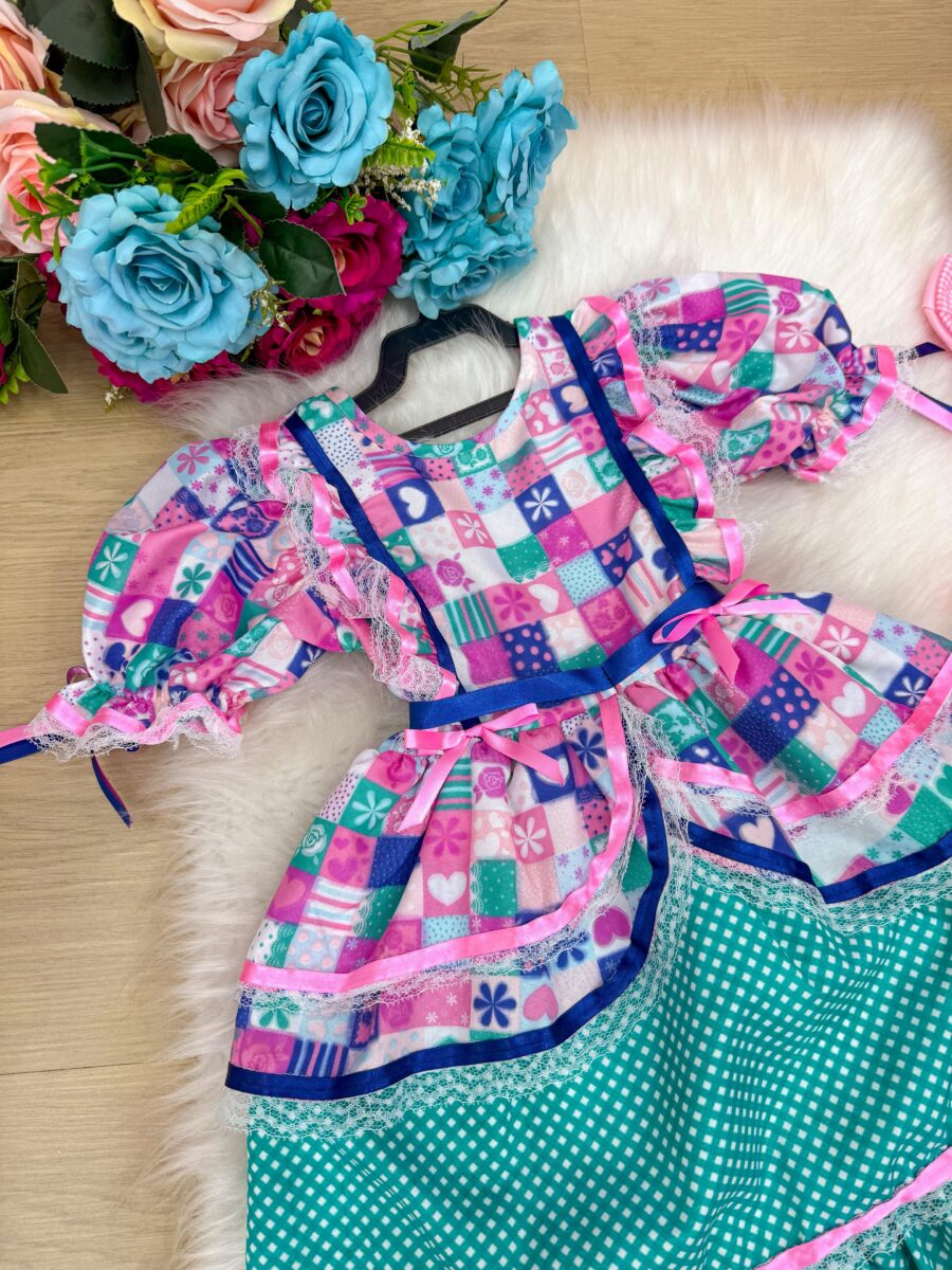Vestido Infantil Junino Bella Child Caipira Verde Tiffany