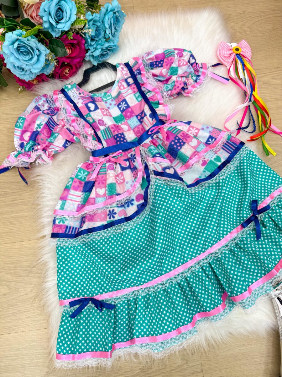 Vestido Infantil Junino Bella Child Caipira Verde Tiffany